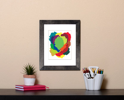 Modern Art Print of overlapping abstract shapes in vibrant colors shown in a black frame called Love by Loud Hue