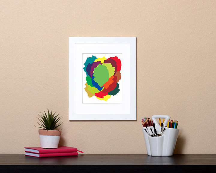 Modern Art Print of overlapping abstract shapes in vibrant colors shown in a white frame called Love by Loud Hue