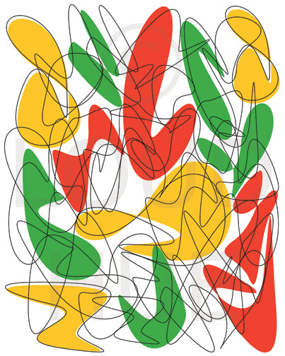 Art Print with red, green and yellow abstract shapes and black lines called Music by Loud Hue