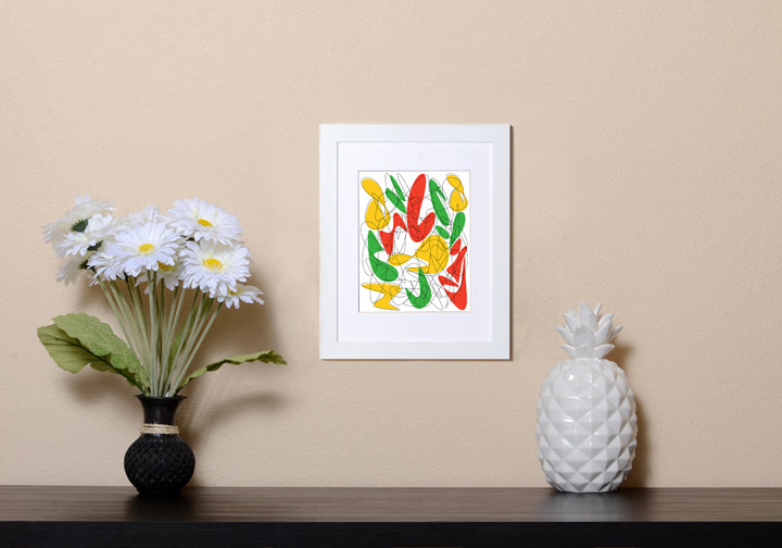 Art Print with red, green and yellow abstract shapes and black lines shown with a white frame called Music by Loud Hue