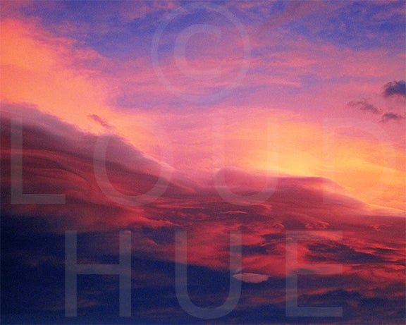 Nature photography print of a luminous blue, pink, yellow and red sunset called Purple by Loud Hue