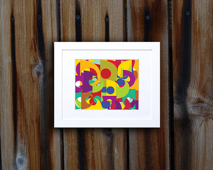 Pop art style Art Print of bold and colorful geometric shapes shown with white frame called Puzzle by loud Hue
