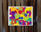 Pop art style Art Print of bold and colorful geometric shapes shown mounted on a wood wall called Puzzle by loud Hue