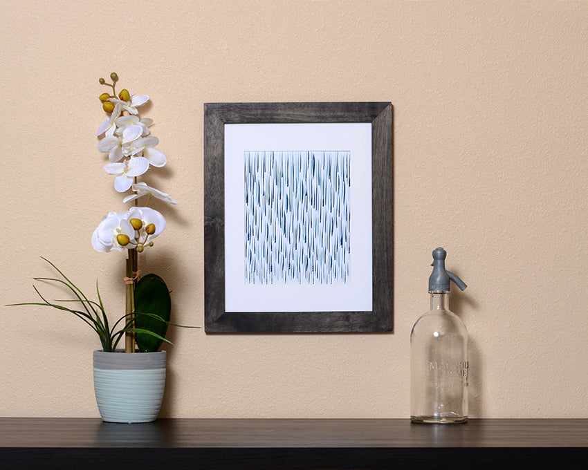 Art Print of raindrops in hues of blue with a brushstroke effect in black frame called Rain by Loud Hue