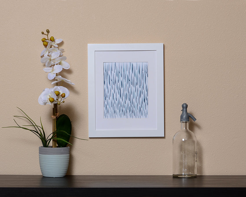 Art Print of raindrops in hues of blue with a brushstroke effect in white frame called Rain by Loud Hue