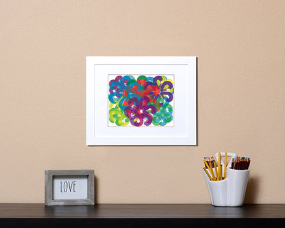 Art Print of overlapping flowers in cheerful bright colors shown in a white frame called Spring by Loud Hue