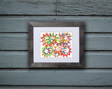 Fun Art Print with overlapping shapes resembling sprockets and wheels shown with a black frame called Wheels by Loud Hue