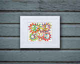 Fun Art Print with overlapping shapes resembling sprockets and wheels shown with a white frame called Wheels by Loud Hue