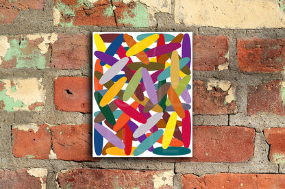 Colorful Art Print of oval shapes crisscrossing each other shown mounted without a frame called Wild by Loud Hue