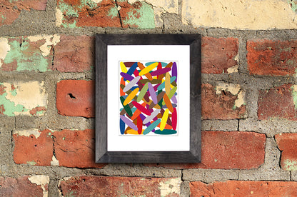 Colorful Art Print of oval shapes crisscrossing each other shown mounted with black frame called Wild by Loud Hue