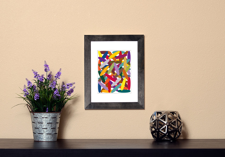 Colorful Art Print of oval shapes crisscrossing each other with black frame called Wild by Loud Hue