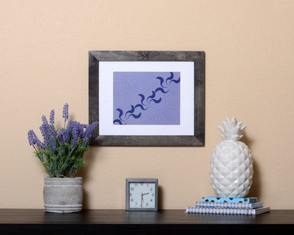 Modern violet blue Art Print with a playful design shown with a black frame called Dance by Loud Hue