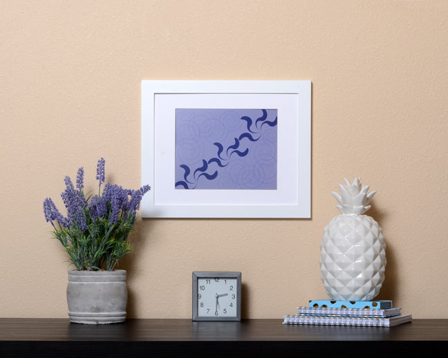 Modern violet blue Art Print with a playful design shown with a white frame called Dance by Loud Hue