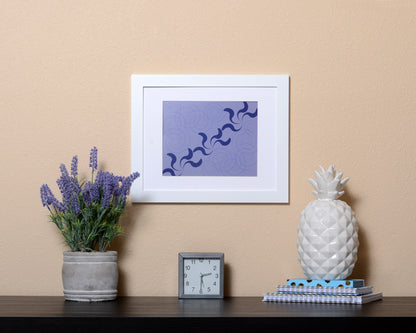 Modern violet blue Art Print with a playful design shown with a white frame called Dance by Loud Hue