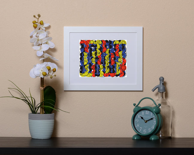 Vibrant Art Print of a fun design with the number eight shown in a white frame called Eight by Loud Hue