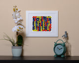 Vibrant Art Print of a fun design with the number eight in white frame called Eight by Loud Hue