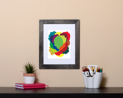 Modern Art Print of overlapping abstract shapes in vibrant colors shown in a black frame called Love by Loud Hue