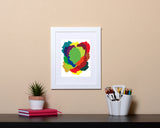 Modern Art Print of overlapping abstract shapes in vibrant colors in white frame called Love by Loud Hue