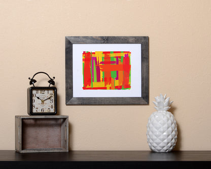 Art Print of an abstract design in vivid colors with a paint brush effect shown with a black frame called Prismatic by Loud Hue