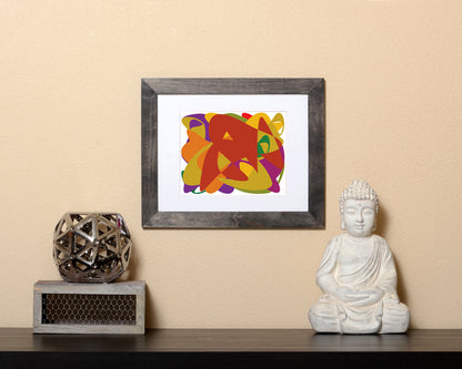 Modern Surreal Art Print of brown, yellow, purple and green bold shapes shown  with a black frame called Togetherness by Loud Hue