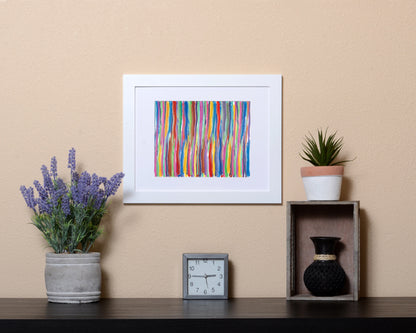 Abstract Art Print in multicolor lines with paint brush effect shown with a white frame called Fused by Loud Hue
